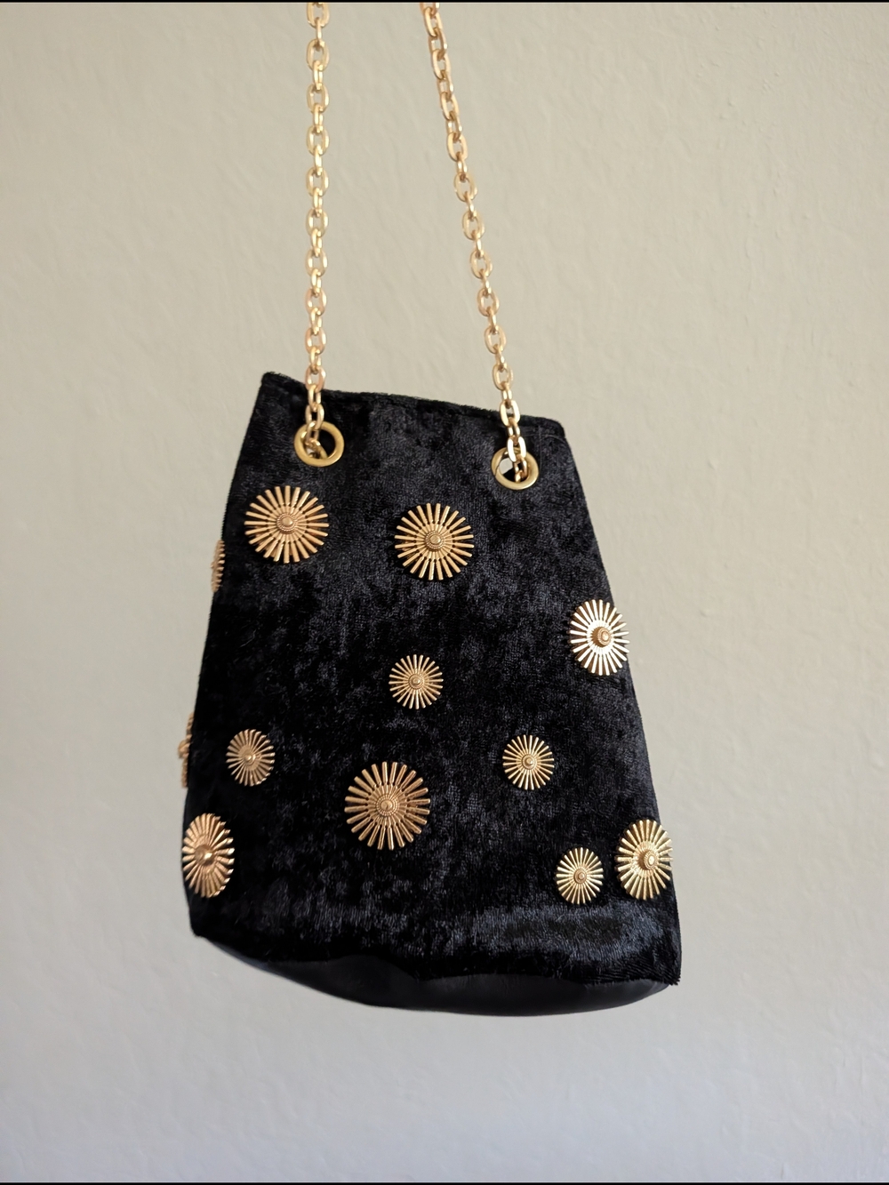 Black Velvet Chain Bucket Bag with Gold Sunburst Studs